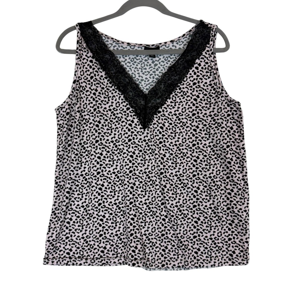 Tahari Tank Top Camisole Womens Large Pink Animal Print Lace V Neck Stretch